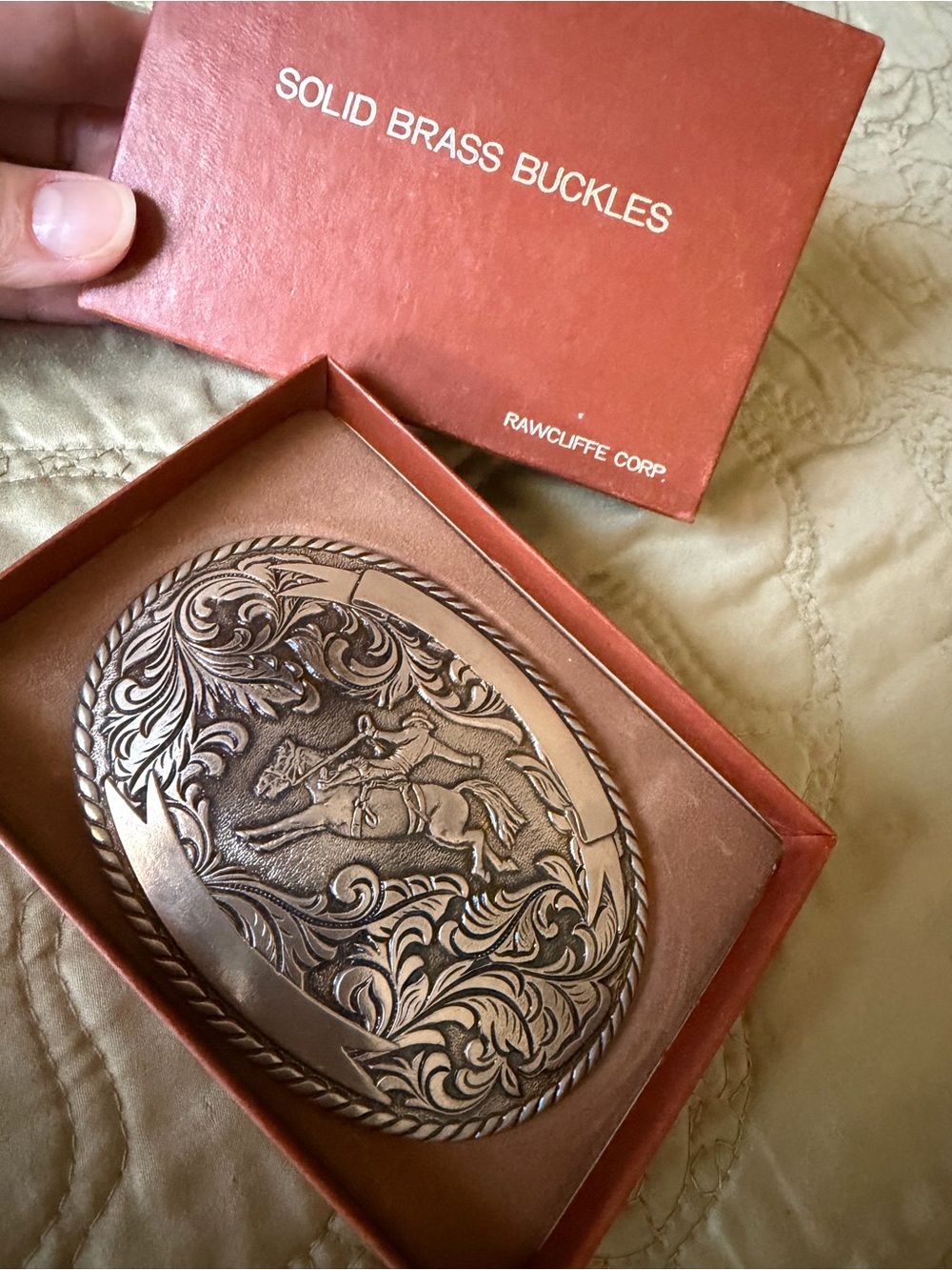 VTG 70s 80s Rawcliffe Solid Brass Rodeo Bronco Belt Buckle Antique Silver Tone